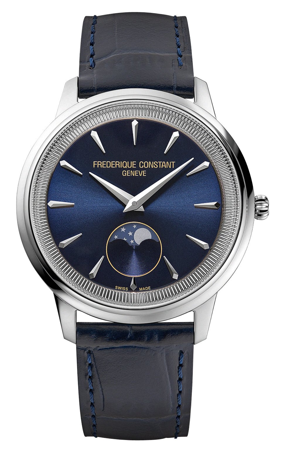 Frederique Constant Classics Moneta Moonphase Stainless Steel Blue Dial Blue Leather Strap Quartz Unisex Watch FC - 206N3S6 - Watches & Beyond