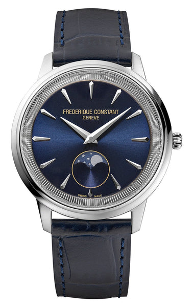Frederique Constant Classics Moneta Moonphase Stainless Steel Blue Dial Blue Leather Strap Quartz Unisex Watch FC - 206N3S6 - Watches & Beyond