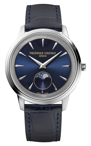 Frederique Constant Classics Moneta Moonphase Stainless Steel Blue Dial Blue Leather Strap Quartz Unisex Watch FC - 206N3S6 - Watches & Beyond