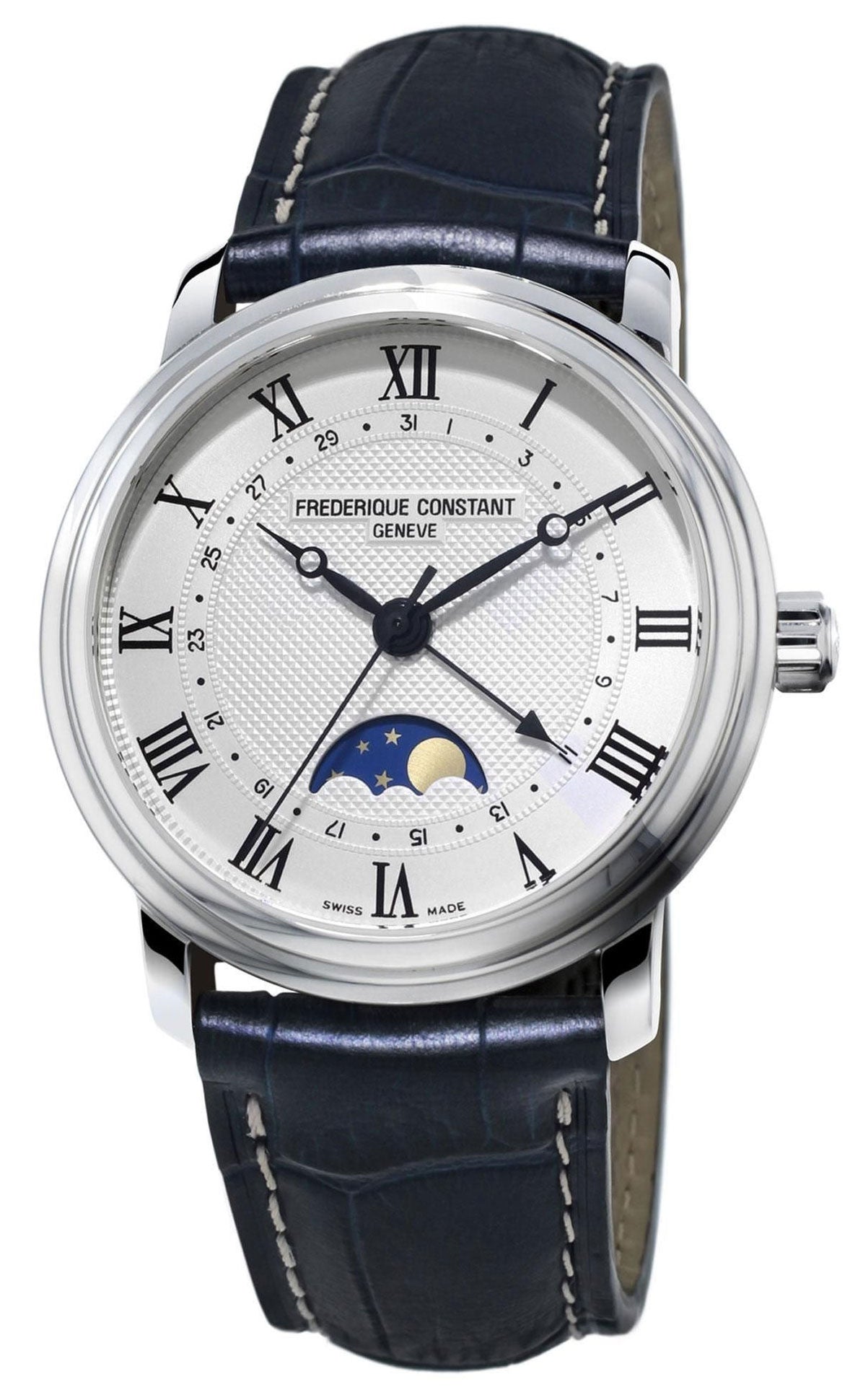 Frederique Constant Classics Moonphase Automatic Stainless Steel Silver - Tone Dial Blue Leather Strap Date Mens Watch FC - 330MC4P6 - WAB - Shipping Dept.