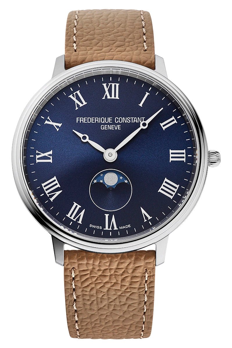 Frederique Constant Classics Moonphase Stainless Steel Blue Dial Brown Leather Strap Quartz Unisex Watch FC - 206RN3S6 - Watches & Beyond