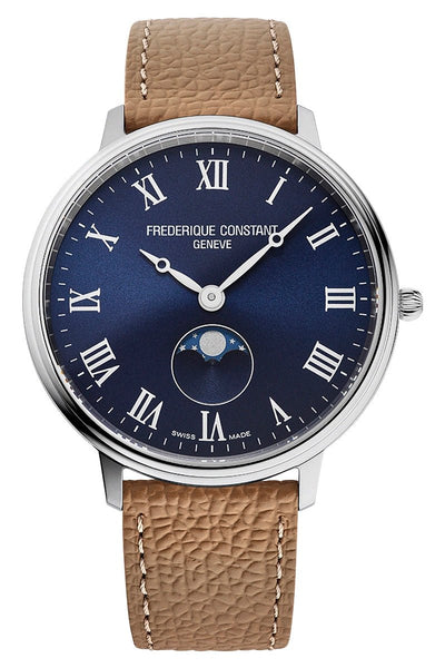 Frederique Constant Classics Moonphase Stainless Steel Blue Dial Brown Leather Strap Quartz Unisex Watch FC - 206RN3S6 - Watches & Beyond