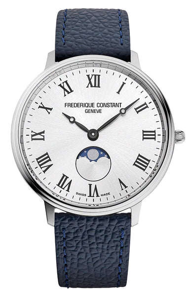 Frederique Constant Classics Moonphase Stainless Steel Silver Dial Blue Leather Strap Quartz Unisex Watch FC - 206RS3S6 - Watches & Beyond