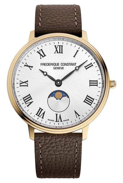 Frederique Constant Classics Moonphase Yellow Gold Plated Steel Silver Dial Brown Leather Strap Quartz Unisex Watch FC - 206RS3S5 - Watches & Beyond