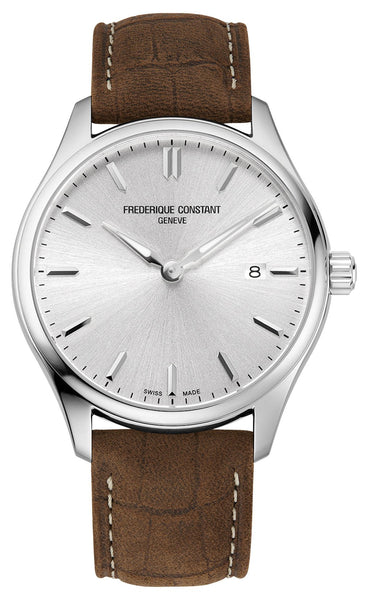 Frederique Constant Classics Stainless Steel Silver Dial Brown Leather Strap Date Quartz Mens Watch FC - 220SS5B6 - Watches & Beyond