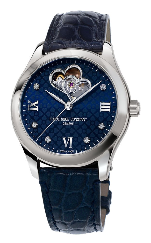 Frederique Constant Double Heart Beat Automatic Diamonds Blue Dial Blue Leather Strap Womens Watch FC - 310NDHB3B6 - WAB - Shipping Dept.