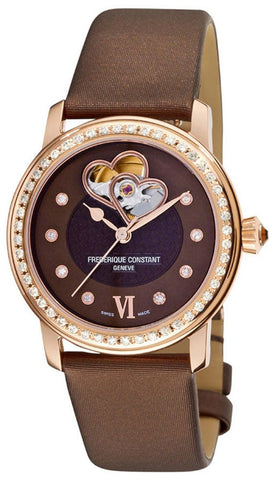 Frederique Constant Double Heart Beat Automatic Rose Gold Plated Steel Brown Satin Womens Watch FC - 310CDHB2PD4 - WAB - Shipping Dept.