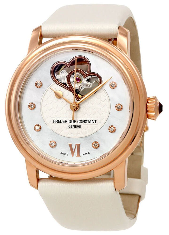 Frederique Constant Double Heart Beat Automatic Rose Gold Plated Steel Mother - Of - Pearl Dial Ivory Satin Strap Diamonds Womens Watch FC - 310DHB2P4 - WAB - Shipping Dept.