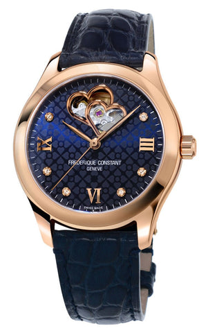 Frederique Constant Double Heart Beat Rose Gold Tone Steel Automatic Diamonds Blue Dial Blue Leather Strap Womens Watch FC - 310NDHB3B4 - WAB - Shipping Dept.