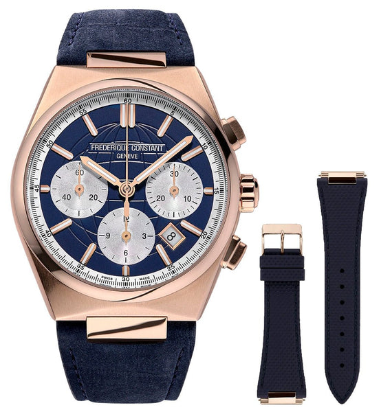 Frederique Constant Highlife Automatic Chronograph Rose Gold Plated Steel Blue Dial Blue Leather Strap Interchangeable Blue Rubber Strap Date Mens Watch FC - 391NS4NH4 - Watches & Beyond