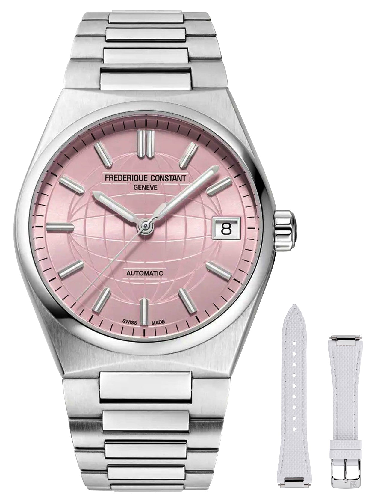 Frederique Constant Highlife Automatic Stainless Steel Pink Dial Interchangeable White Rubber Strap Date Womens Watch FC - 303LP2NH6B - WAB - Shipping Dept.