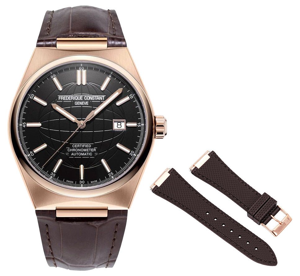 Frederique Constant Highlife COSC Automatic Rose Gold Plated Steel Black Dial Brown Leather Strap Interchangeable Brown Rubber Strap Date Mens Watch FC - 303B4NH4 - Watches & Beyond