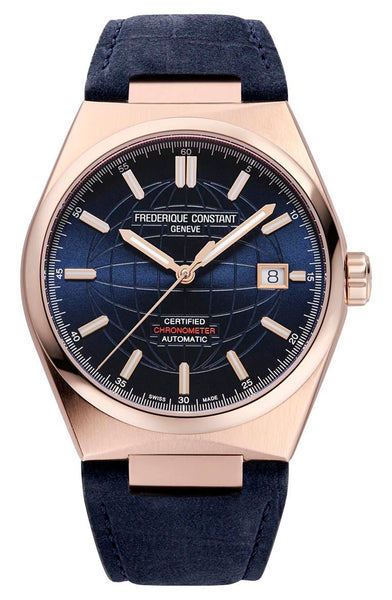 Frederique Constant Highlife COSC Automatic Rose Gold Plated Steel Blue Dial Blue Leather Interchangeable Blue Rubber Strap Date Mens Watch FC - 303N3NH4 - Watches & Beyond