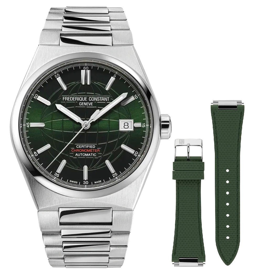 Frederique Constant Highlife COSC Automatic Stainless Steel Green Dial Interchangeable Green Rubber Strap Date Mens Watch FC - 303G3NH6B - Watches & Beyond