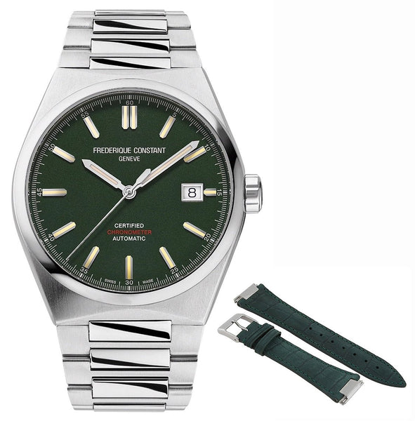 Frederique Constant Highlife COSC Automatic Stainless Steel Green Dial Interchangeable Leather Strap Date Mens Watch FC - 303GRS3NH6B - WAB - Shipping Dept.