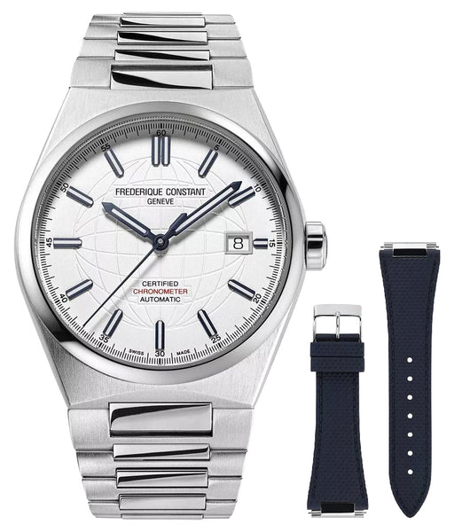 Frederique Constant Highlife COSC Automatic Stainless Steel White Dial Interchangeable Blue Rubber Strap Date Mens Watch FC - 303S3NH26B - Watches & Beyond