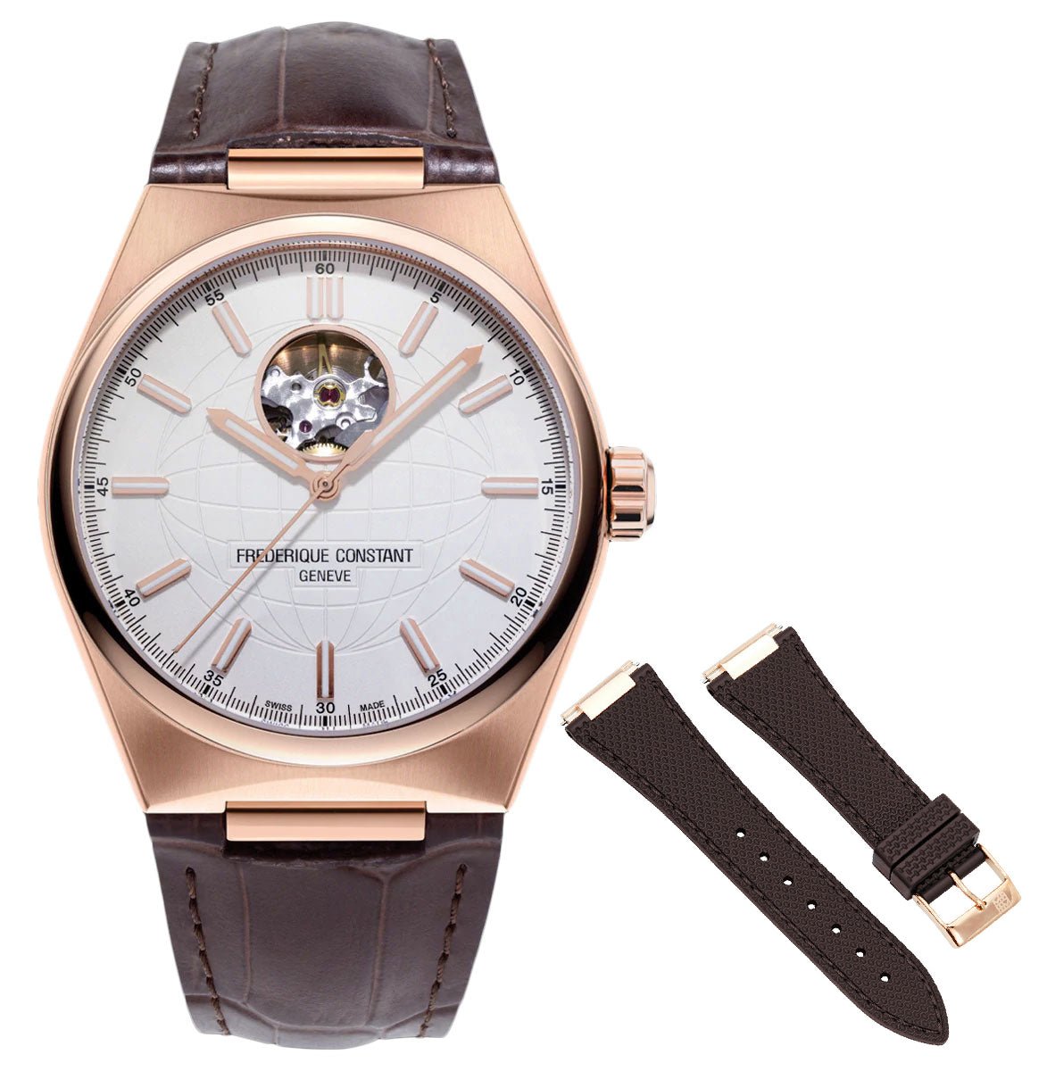 Frederique Constant Highlife Heart Beat Automatic Rose Gold Plated Stainless Steel Silver - Tone Dial Interchangeable Brown Rubber Strap Mens Watch FC - 310V4NH4 - WAB - Shipping Dept.