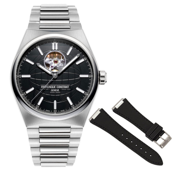 Frederique Constant Highlife Heart Beat Automatic Stainless Steel Black Dial Interchangeable Black Rubber Strap Mens Watch FC - 310B4NH6B - WAB - Shipping Dept.