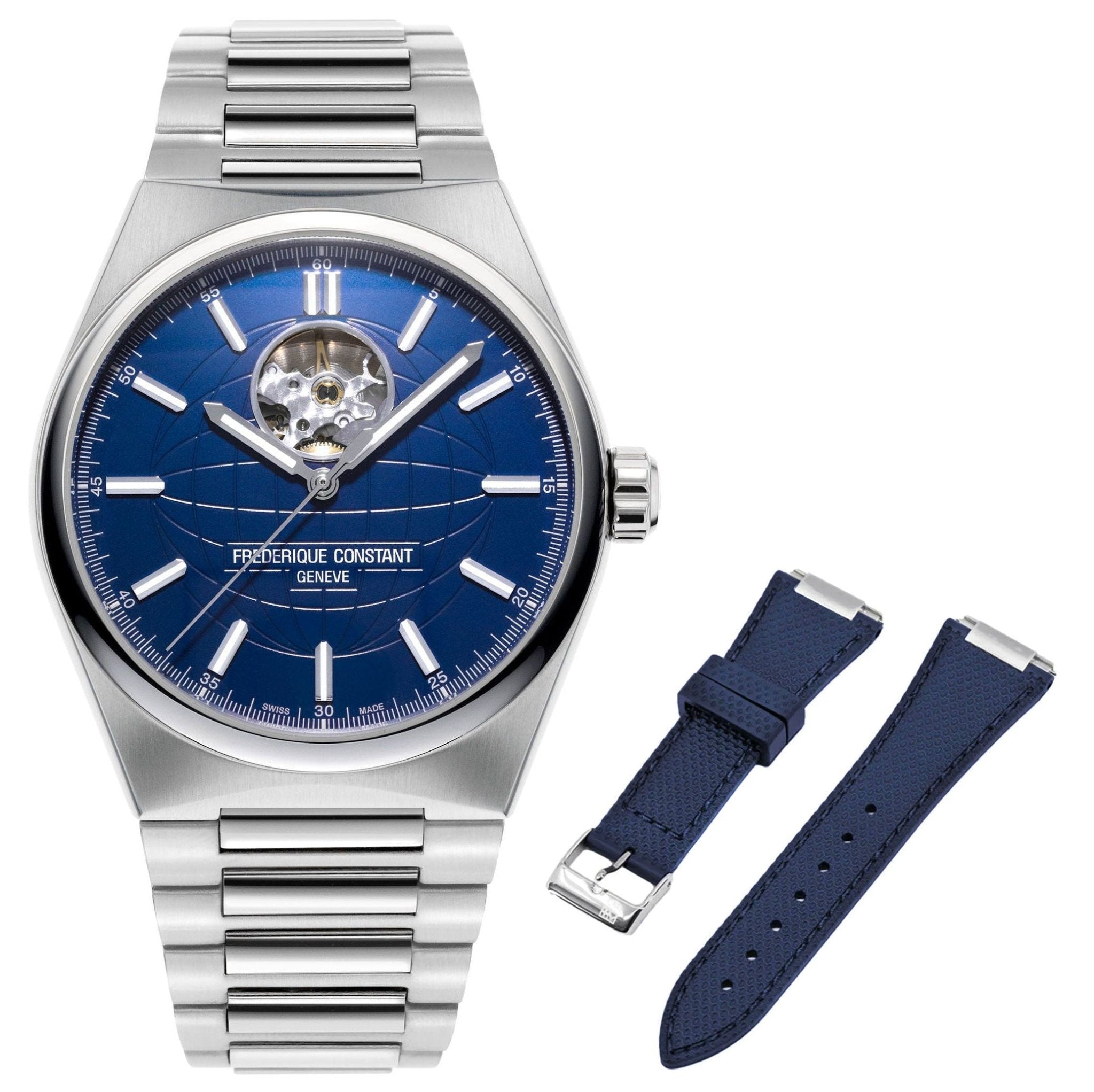 Frederique Constant Highlife Heart Beat Automatic Stainless Steel Blue Dial Interchangeable Blue Rubber Strap Mens Watch FC-310N4NH6B - Watches & Beyond