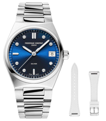 Frederique Constant Highlife Stainless Steel Blue Dial Diamonds Interchangeable White Rubber Strap Date Quartz Womens Watch FC - 240ND2NH6B - Watches & Beyond