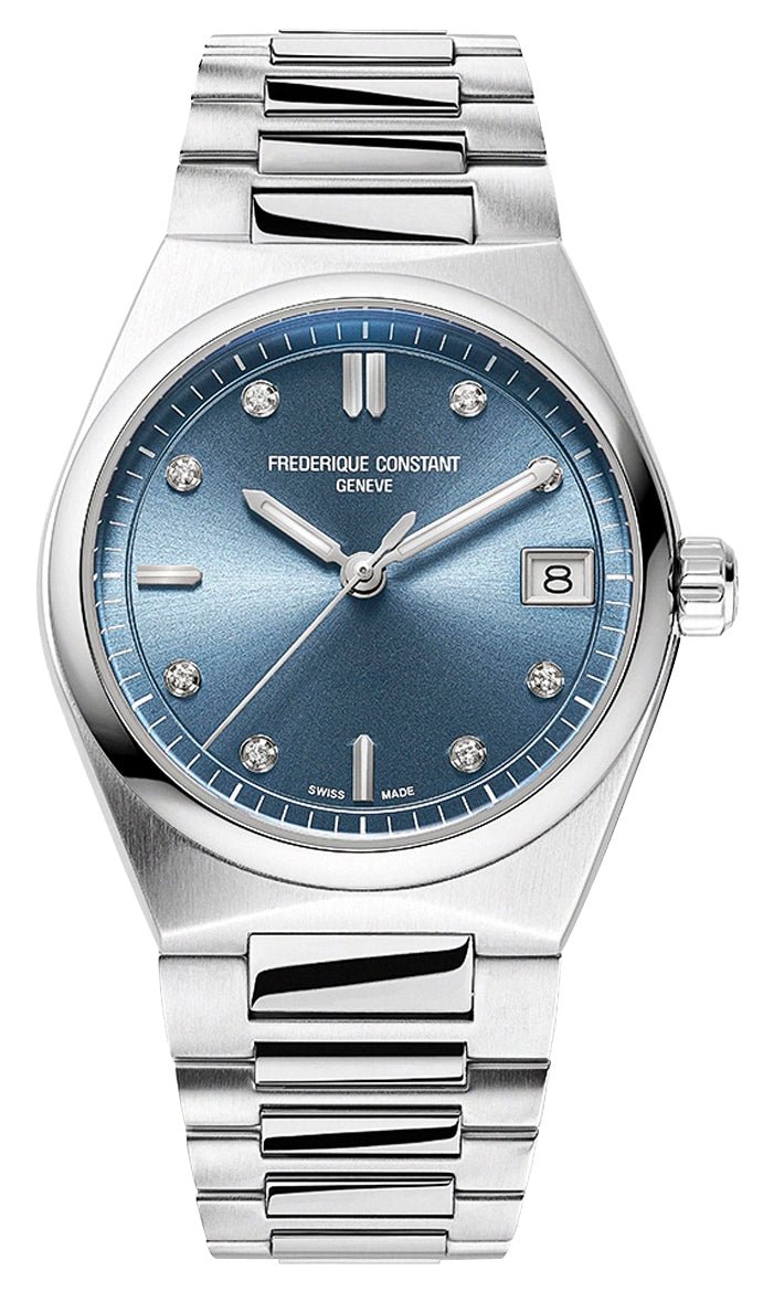 Frederique Constant Highlife Stainless Steel Blue Dial Interchangeable Blue Rubber Strap Date Diamonds Quartz Womens Watch FC - 240LND2NH26B - Watches & Beyond