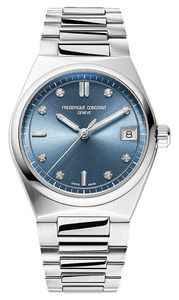Frederique Constant Highlife Stainless Steel Blue Dial Interchangeable Blue Rubber Strap Date Diamonds Quartz Womens Watch FC - 240LND2NH26B - Watches & Beyond