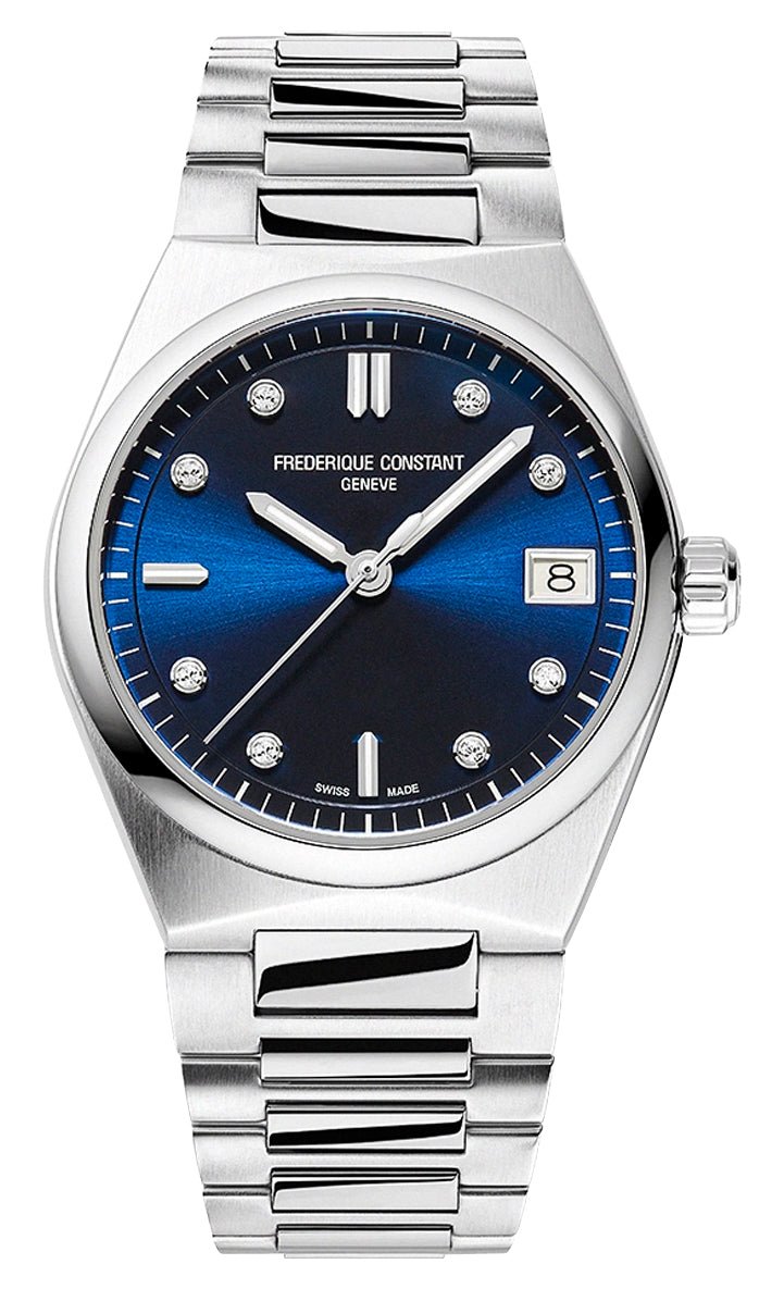 Frederique Constant Highlife Stainless Steel Blue Dial Interchangeable Blue Rubber Strap Date Diamonds Quartz Womens Watch FC - 240ND2NH26B - Watches & Beyond