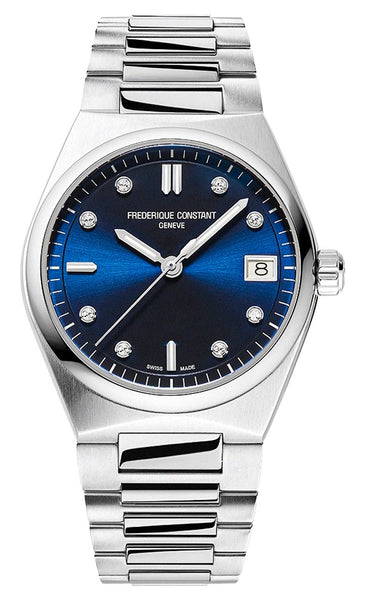 Frederique Constant Highlife Stainless Steel Blue Dial Interchangeable Blue Rubber Strap Date Diamonds Quartz Womens Watch FC - 240ND2NH26B - Watches & Beyond