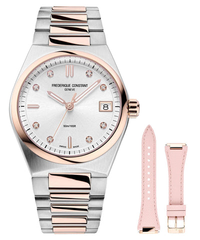 Frederique Constant Highlife Steel & Rose Gold Plated Silver Dial Diamonds Interchangeable Pink Rubber Strap Date Quartz Womens Watch FC - 240VD2NH2B - WAB - Shipping Dept.