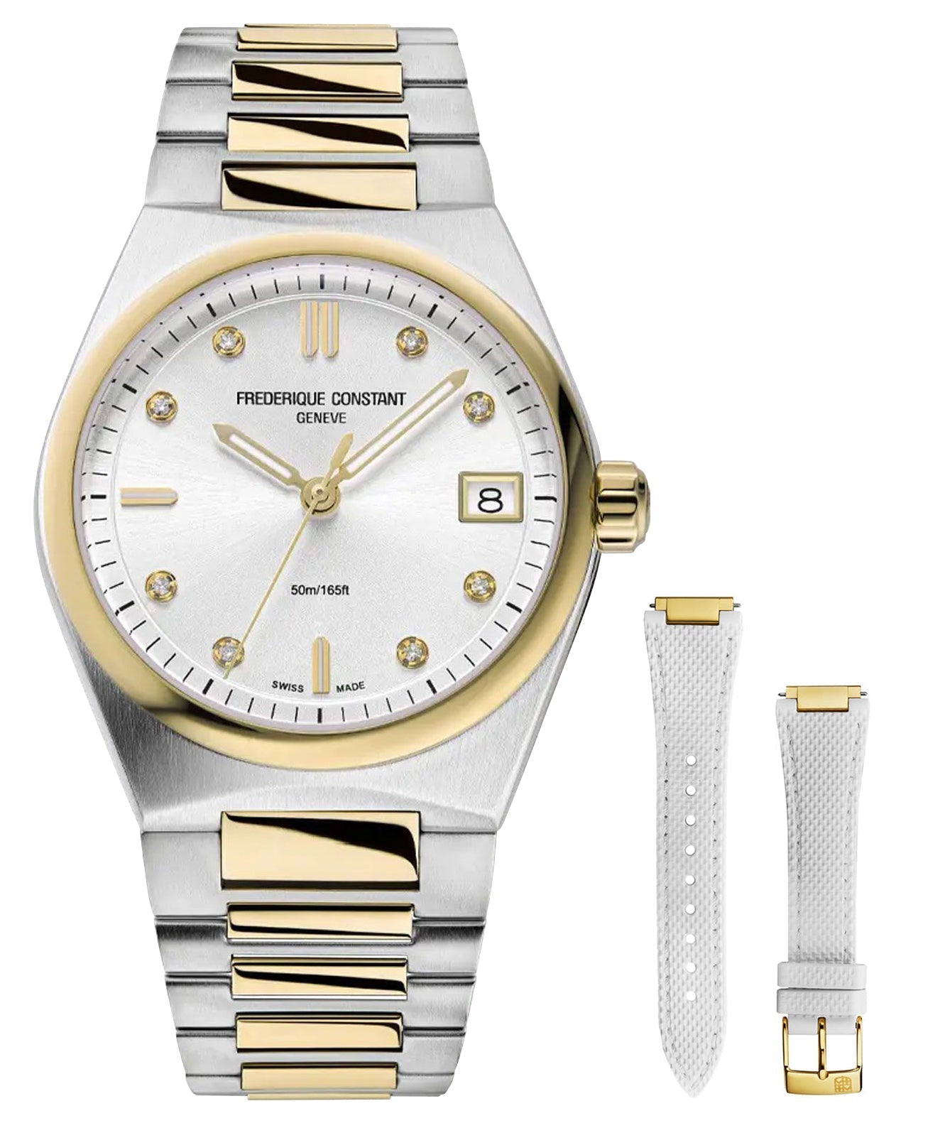 Frederique Constant Highlife Steel & Yellow Gold Plated Silver Dial Diamonds Interchangeable White Rubber Strap Date Quartz Womens Watch FC - 240VD2NH3B - WAB - Shipping Dept.