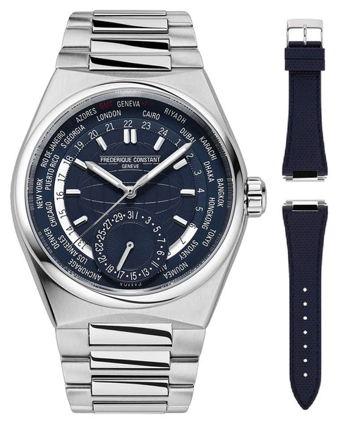 Frederique Constant Highlife Worldtimer Manufacture Automatic GMT Stainless Steel Blue Dial Interchangeable Rubber Strap Date Mens Watch FC - 718N4NH6B - WAB - Shipping Dept.