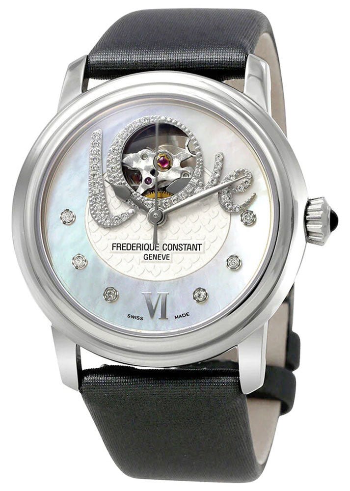 Frederique Constant Love Heart Beat Automatic Stainless Steel Mother - Of - Pearl Dial Grey Satin Strap Diamonds Womens Watch FC - 310LHB2P6 - WAB - Shipping Dept.