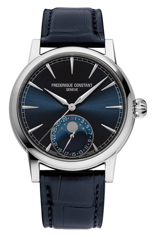 Frederique Constant Manufacture Classic Moonphase Automatic Stainless Steel Blue Dial Blue Leather Strap Date Mens Watch FC - 716N3H6 - Watches & Beyond