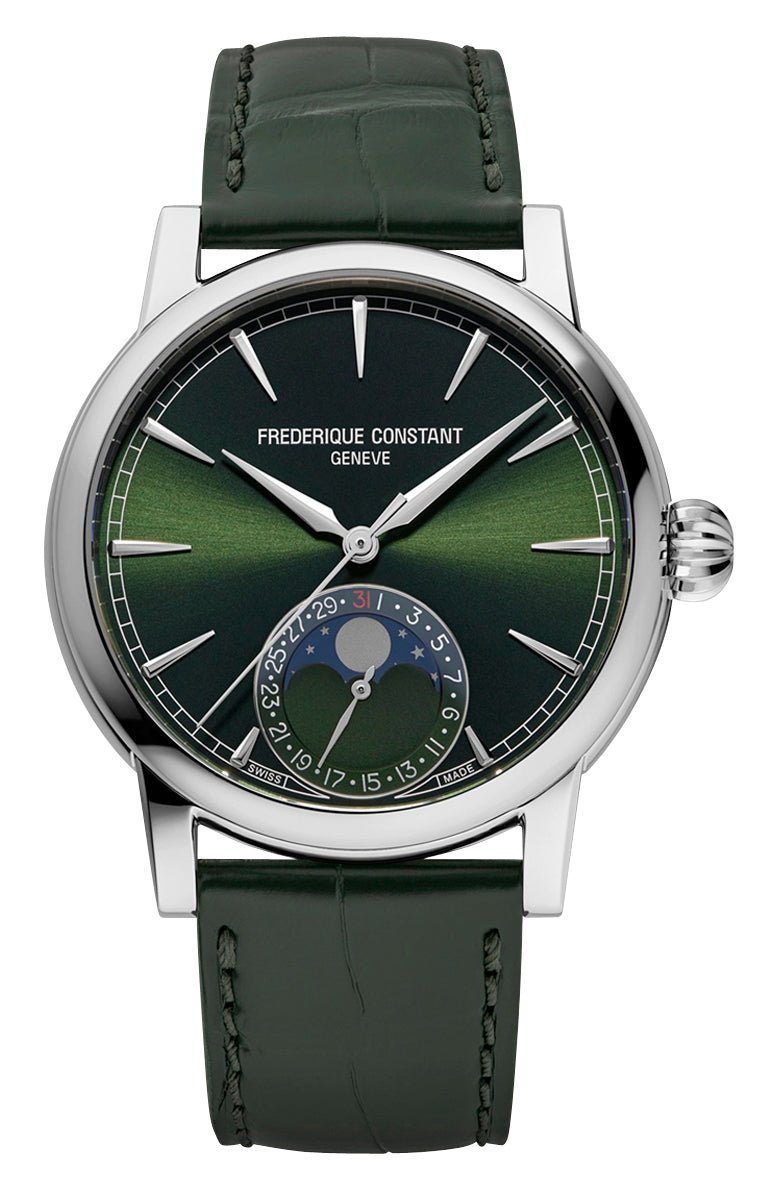 Frederique Constant Manufacture Classic Moonphase Automatic Stainless Steel Green Dial Green Leather Strap Date Mens Watch FC - 716GR3H6 - Watches & Beyond