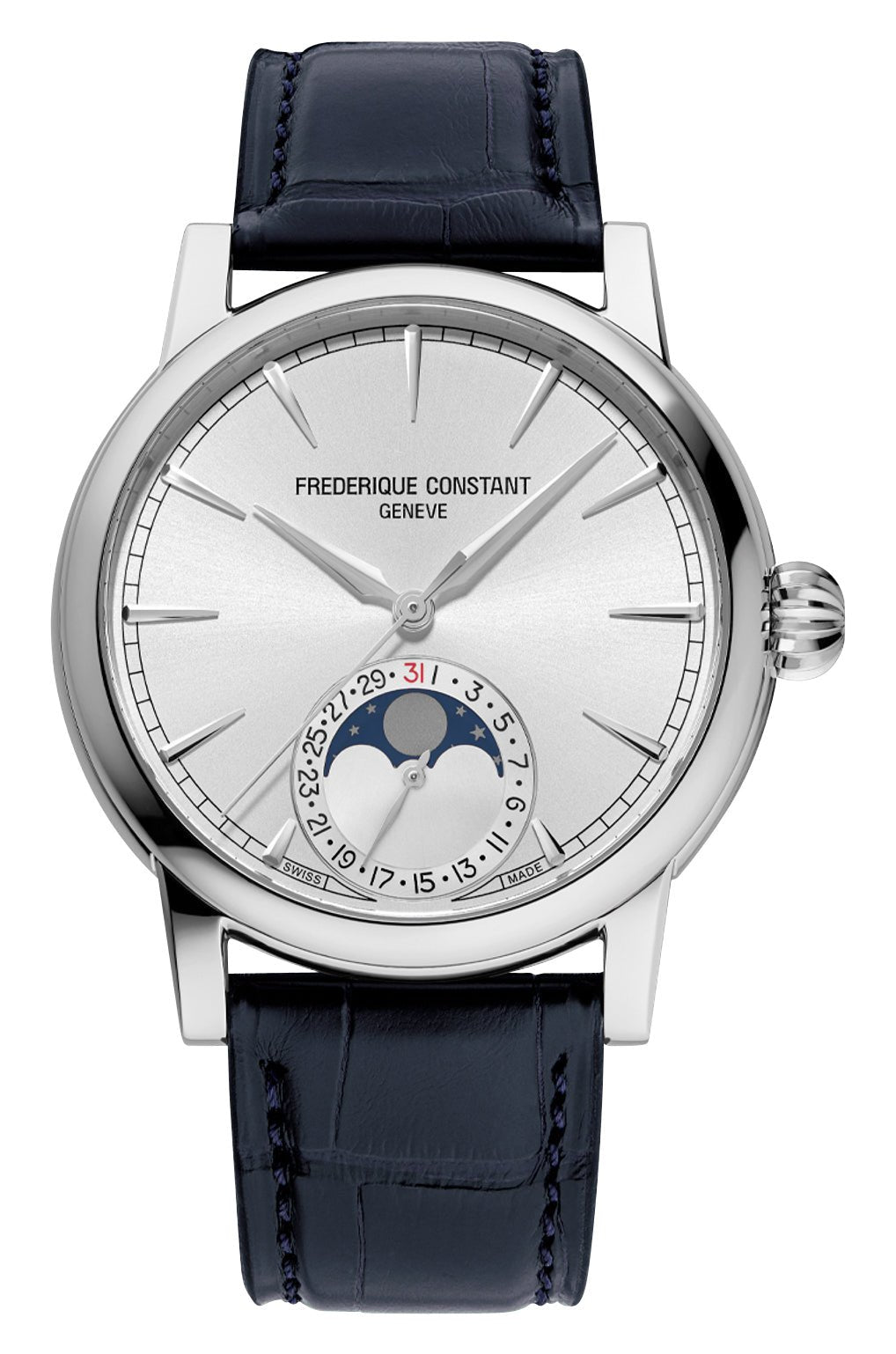 Frederique Constant Manufacture Classic Moonphase Automatic Stainless Steel Silver Dial Blue Leather Strap Date Mens Watch FC - 716S3H6 - Watches & Beyond