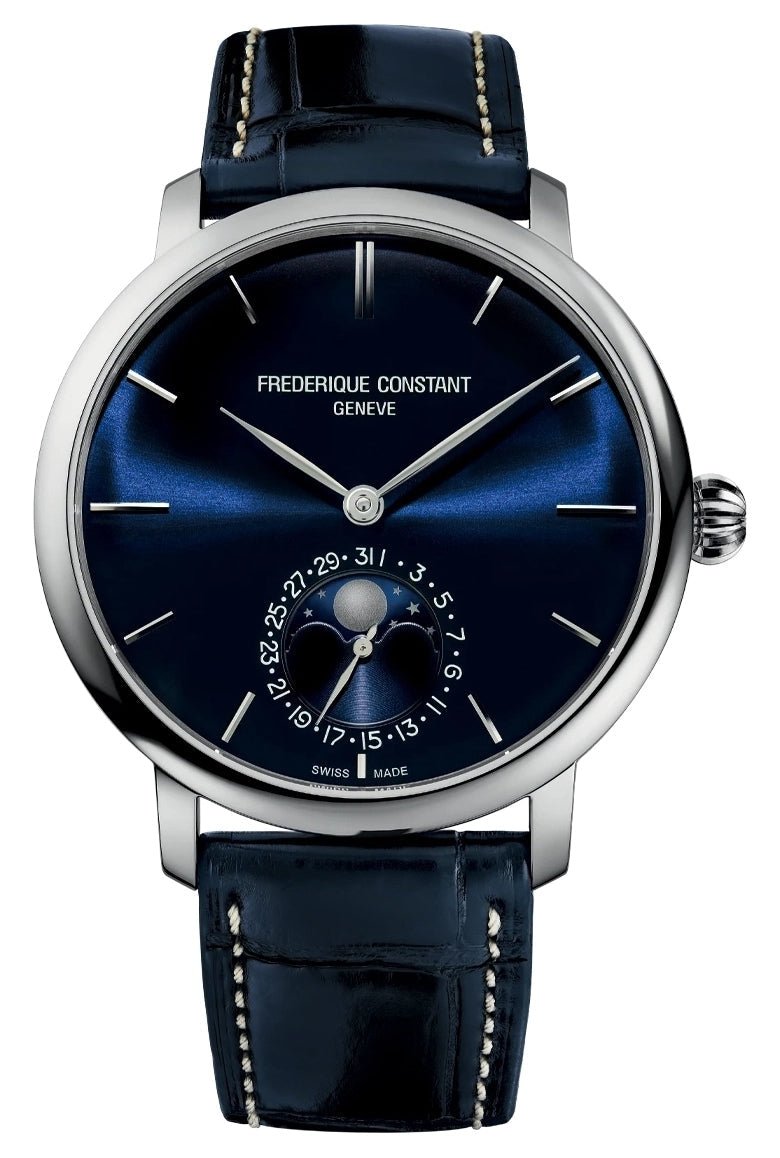 Frederique Constant Manufacture Slimline Moonphase Automatic Stainless Steel Blue Dial Blue Leather Strap Date Mens Watch FC - 705N4S6 - Watches & Beyond