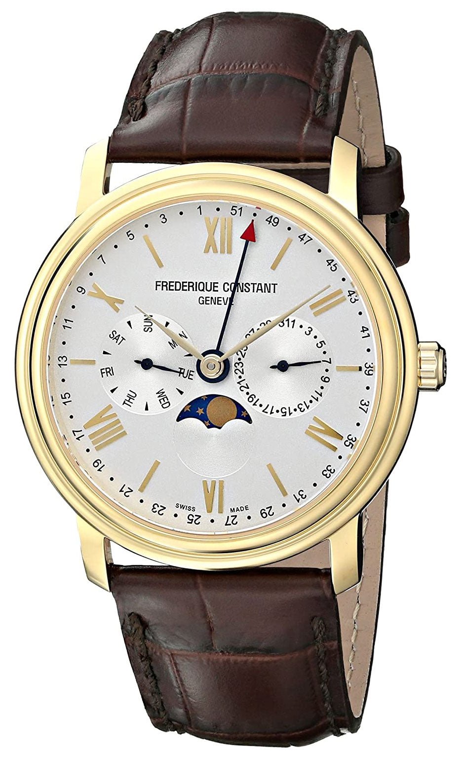 Frederique Constant Persuasion Classics Business Timer Yellow Gold Plated Steel Silver Dial Brown Leather Moonphase Day/Date Quartz Mens Watch FC - 270SW4P5 - WAB - Shipping Dept.