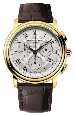 Frederique Constant Persuasion Classics Chronograph Yellow Gold Plated Steel Silver Dial Brown Leather Strap Date Quartz Mens Watch FC - 292MC4P5 - WAB - Shipping Dept.