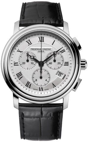 Frederique Constant Persuasion Quartz Chronograph Stainless Steel Silver Dial Black Leather Strap Date Mens Watch FC - 292MC4P6 - WAB - Shipping Dept.