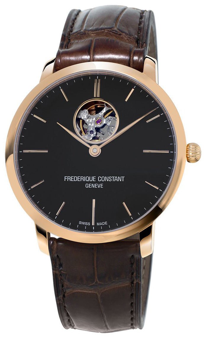 Frederique Constant Slimline Heart Beat Automatic Black Dial Brown Leather Rose Gold Plated Mens Watch FC - 312G4S4 - WAB - Shipping Dept.