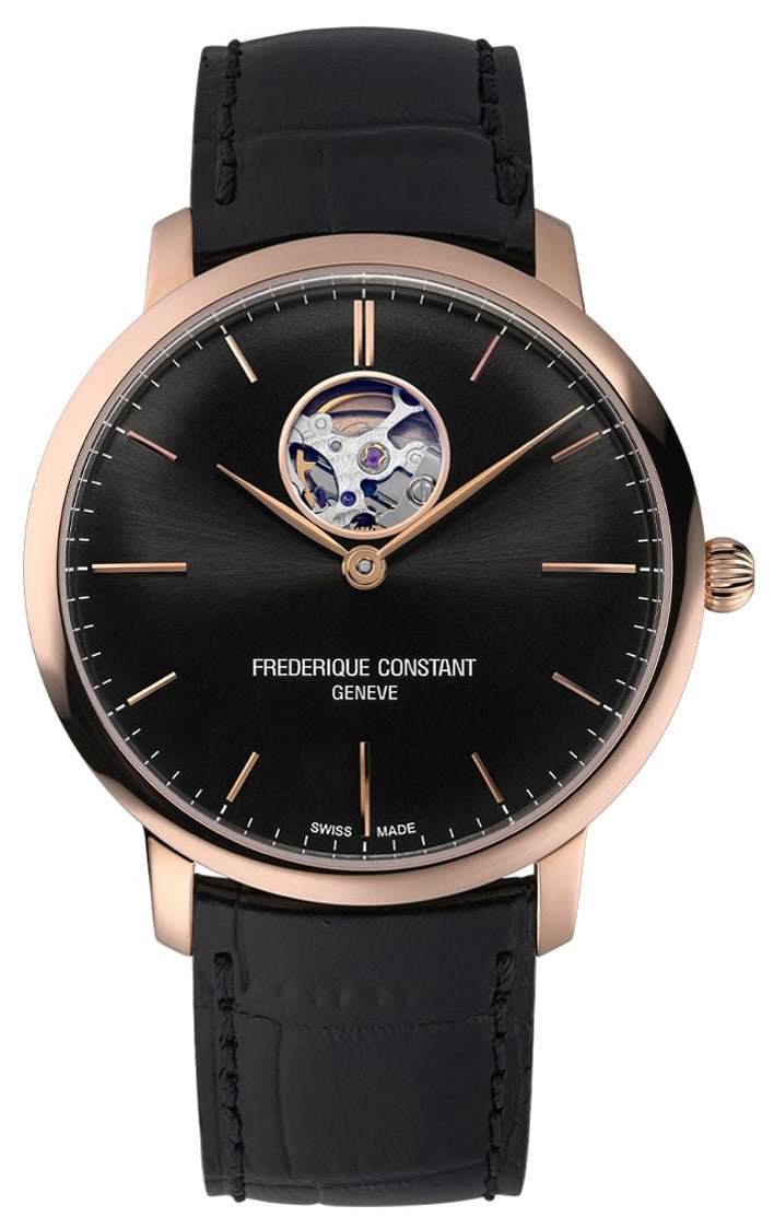 Frederique Constant Slimline Heart Beat Automatic Rose Gold Tone Steel Black Dial Black Leather Strap Mens Watch FC - 312B4S4 - WAB - Shipping Dept.