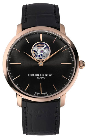 Frederique Constant Slimline Heart Beat Automatic Rose Gold Tone Steel Black Dial Black Leather Strap Mens Watch FC - 312B4S4 - WAB - Shipping Dept.