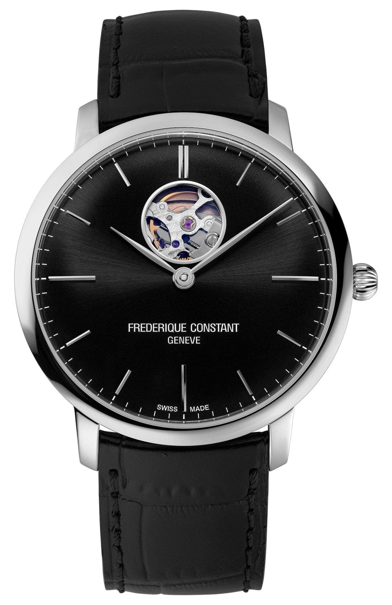 Frederique Constant Slimline Heart Beat Automatic Stainless Steel Black Dial Black Leather Strap Mens Watch FC - 312B4S6 - WAB - Shipping Dept.