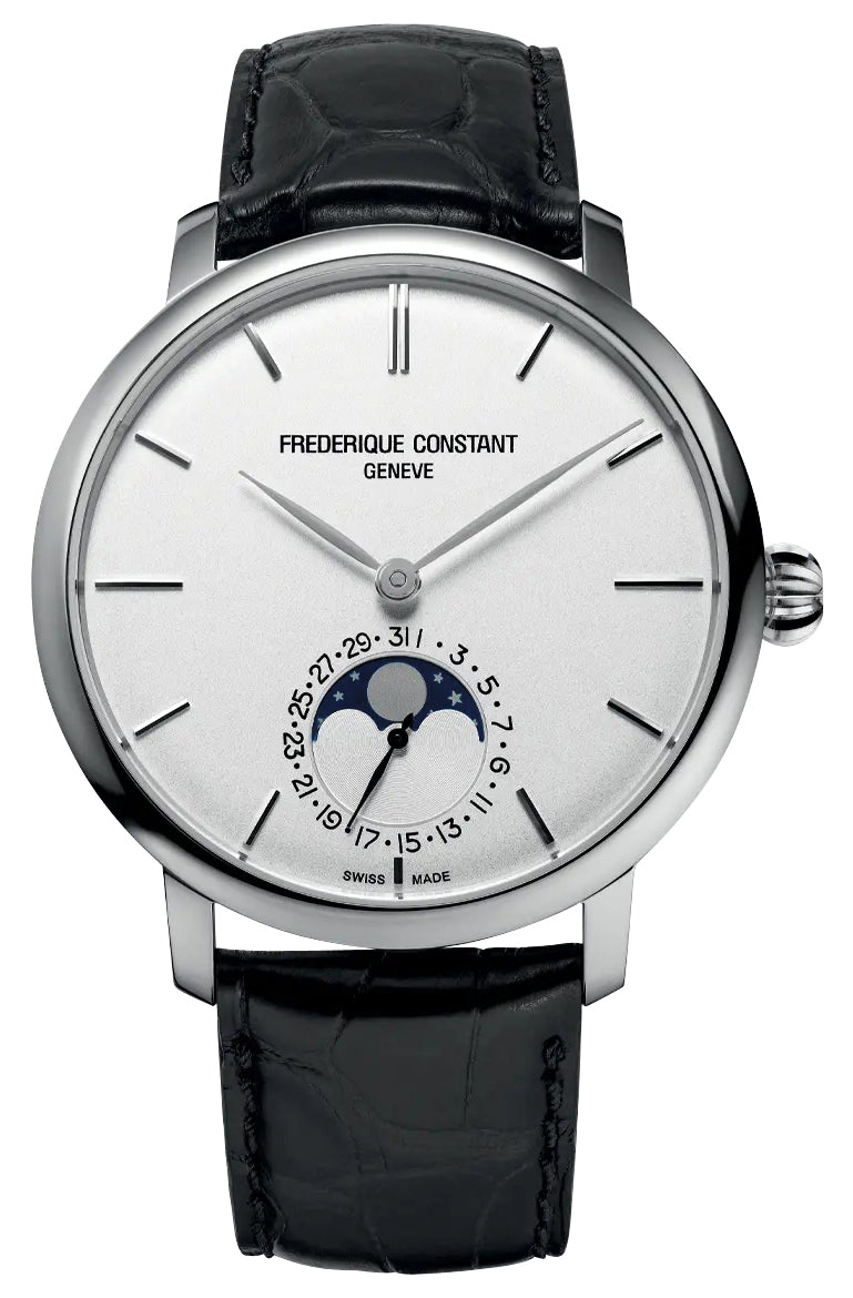 Frederique Constant Slimline Moonphase Automatic Stainless Steel Silver Dial Black Leather Strap Date Mens Watch FC - 705S4S6 - WAB - Shipping Dept.