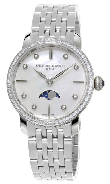 Frederique Constant Slimline Moonphase Stainless Steel Mother - of - Pearl Dial Diamonds Quartz Womens Watch FC - 206MPWD1SD6B - WAB - Shipping Dept.