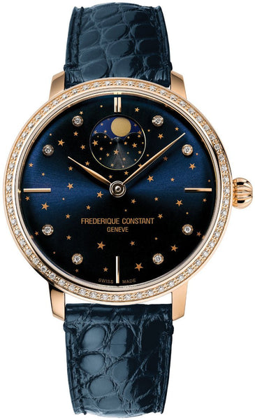 Frederique Constant Slimline Moonphase Stars Manufacture Automatic Rose Gold - Plated Blue Leather Strap Blue Dial Diamonds Womens Watch FC - 701NSD3SD4 - WAB - Shipping Dept.