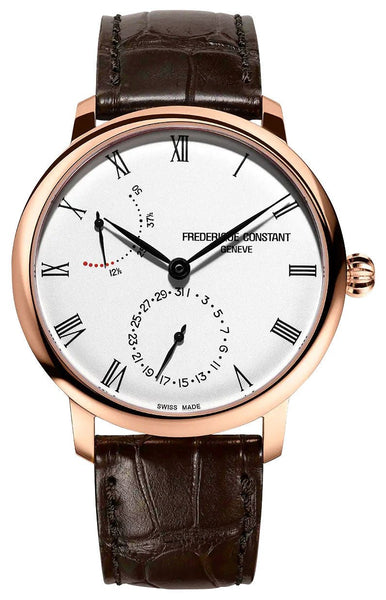 Frederique Constant Slimline Power Reserve Automatic Rose Gold Plated Silver Dial Brown Leather Strap Date Mens Watch FC - 723WR3S4 - WAB - Shipping Dept.