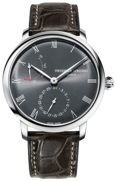 Frederique Constant Slimline Power Reserve Automatic Stainless Steel Gray Dial Gray Leather Strap Date Mens Watch FC - 723GR3S6 - Watches & Beyond