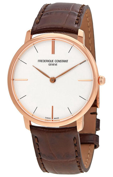 Frederique Constant Slimline Rose Gold - Tone Stainless Steel Silver Dial Brown Leather Strap Quartz Mens Watch FC - 200V5S34 - WAB - Shipping Dept.