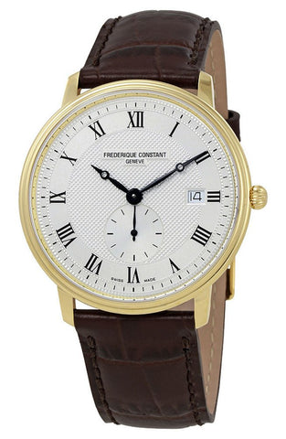 Frederique Constant Slimline Silver Dial Gold Tone Steel Brown Leather Strap Quartz Mens Watch FC - 245M5S5 - WAB - Shipping Dept.